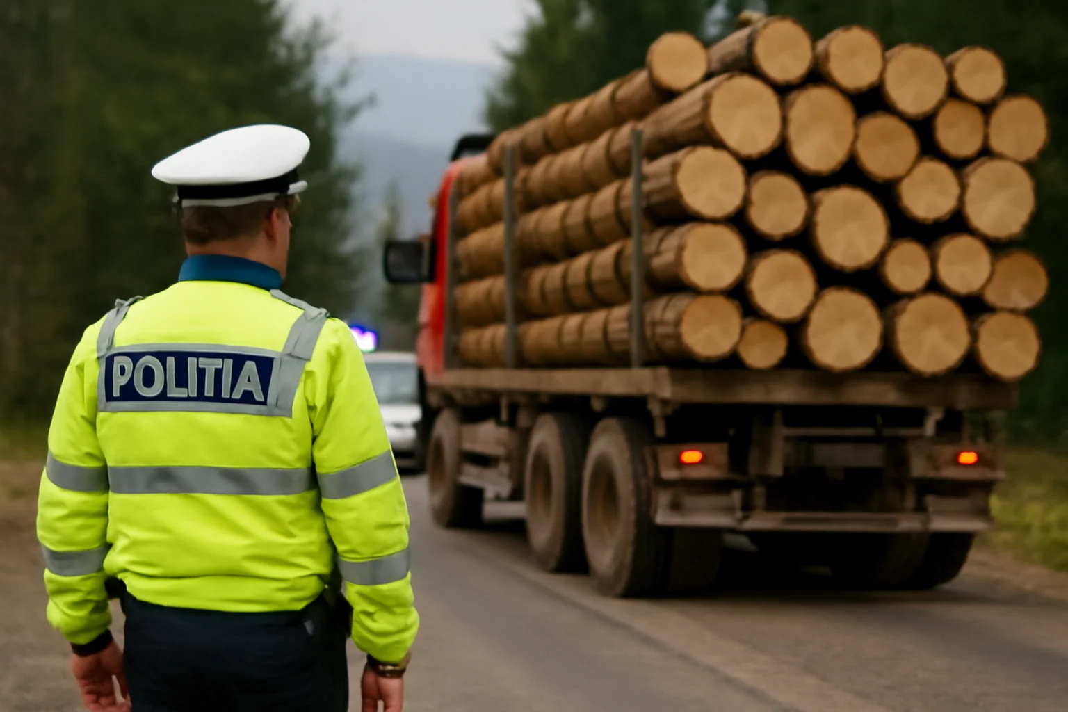 Autocamion cu lemn fără acte legale oprit de polițiști, caz în lucru în zona Baia Mare