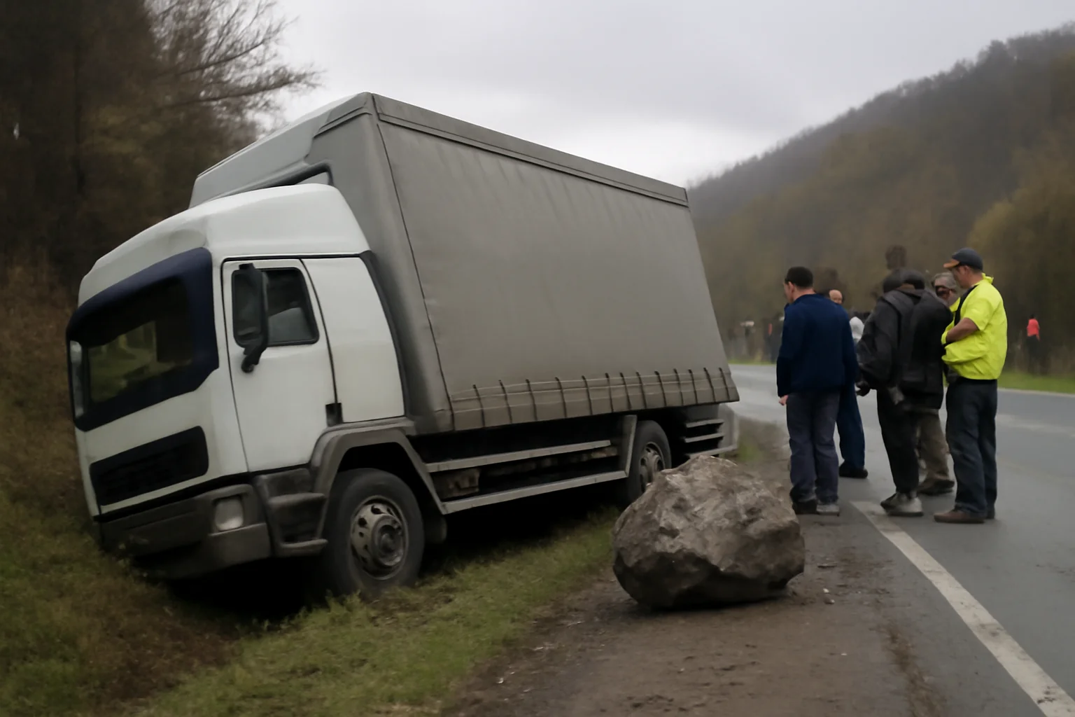 Camion ieșit în decor pe DJ 186 în Maramureș, după prăbușirea unui bolovan pe carosabil, incident raportat la Baia Mare