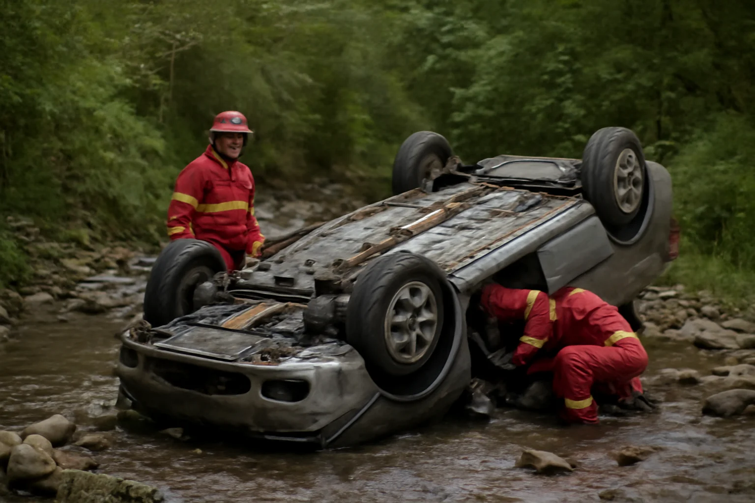 Mașină răsturnată în albia văii Șuior la Baia Mare, doi pasageri răniți