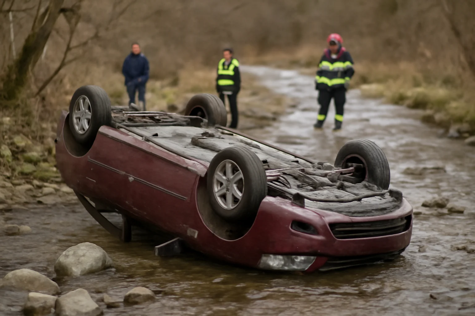Mașină răsturnată în albia văii Șuior, la Baia Sprie, doi pasageri răniți