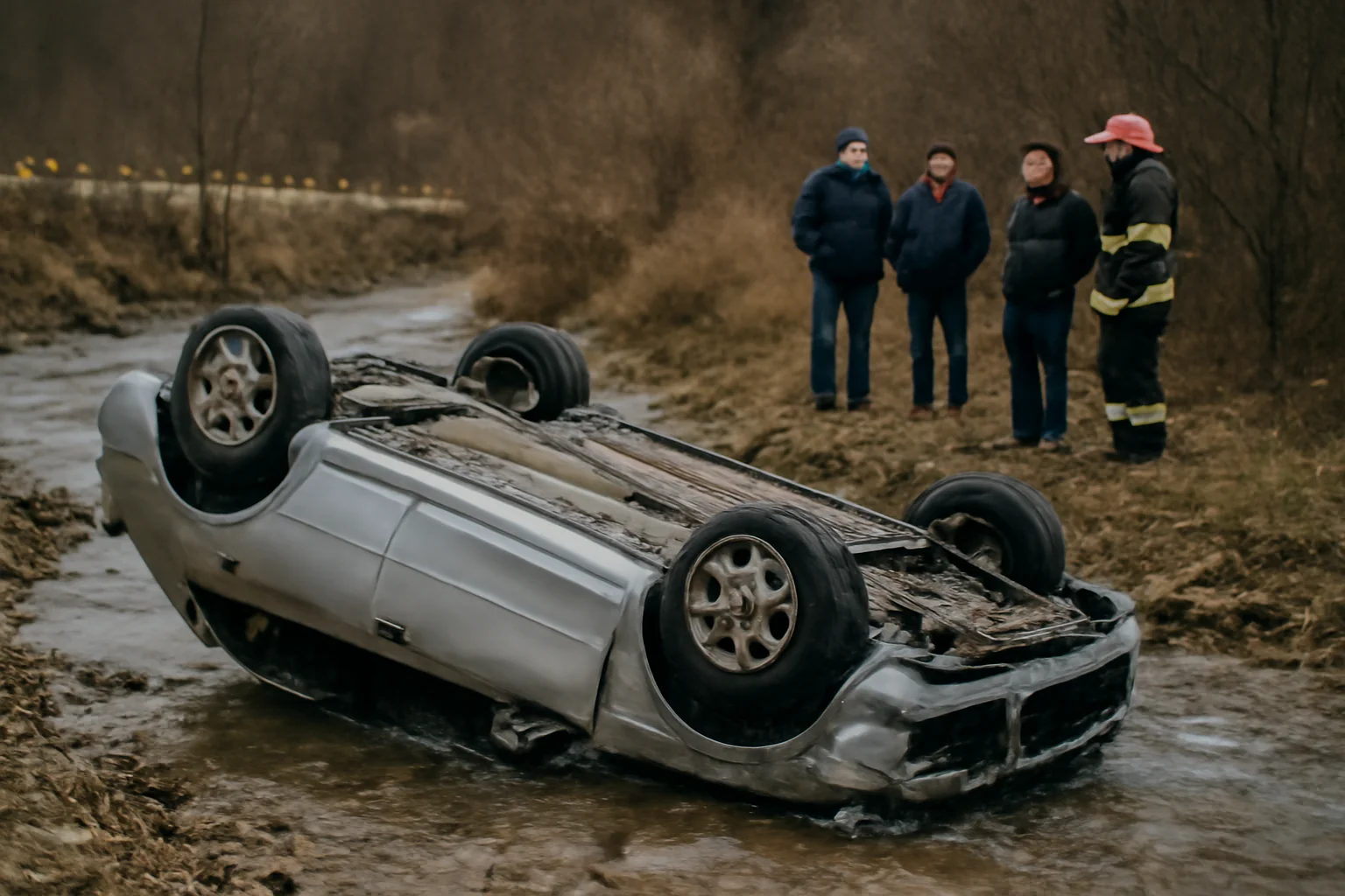 Mașină răsturnată în albia văii Șuior la Baia Sprie. Polițiștii din Baia Mare continuă controalele rutiere
