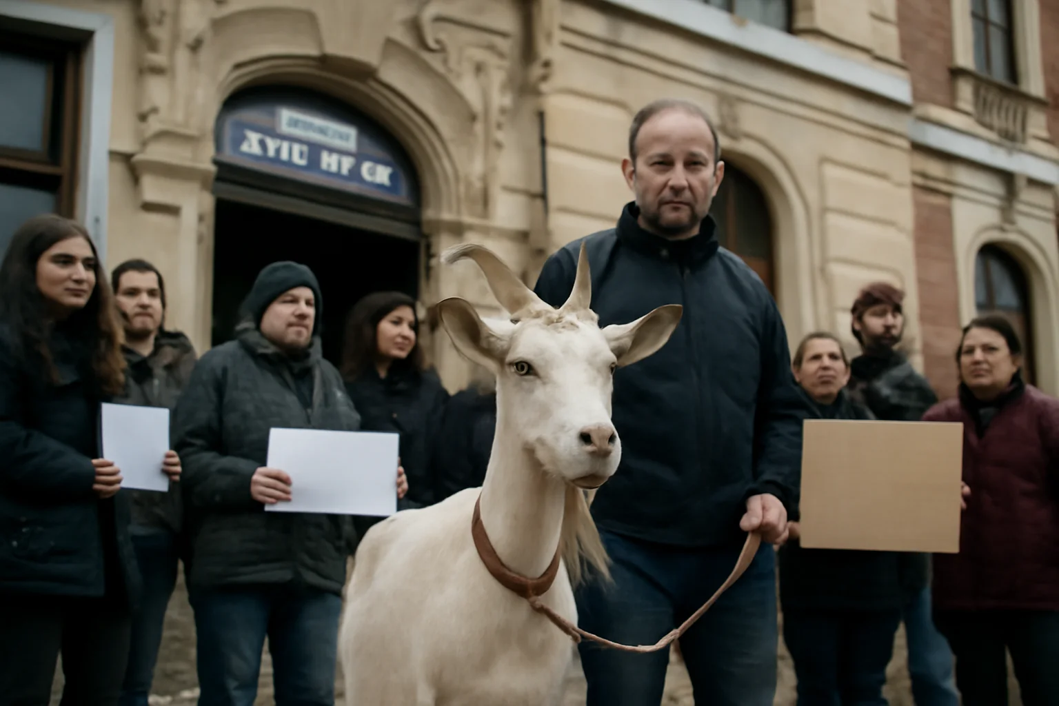 Protest neobișnuit la Primăria Baia Mare: deputatul AUR a adus o capră cu sigla PSD